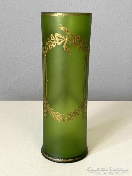Antique green cylindrical glass vase with gold painted bow