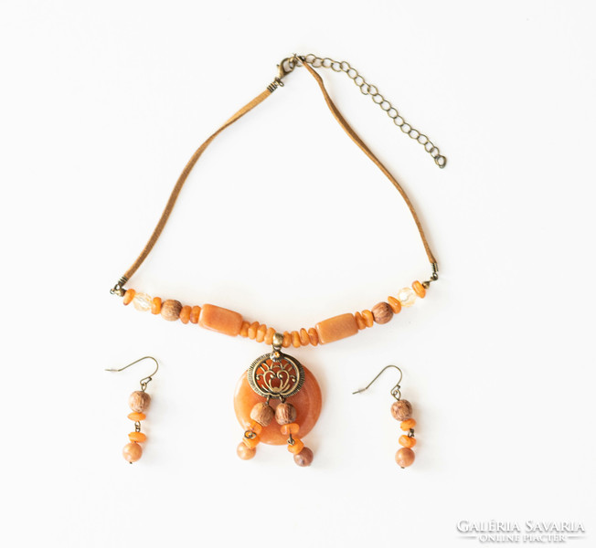 Jade stone necklace - jewelry set with earrings - bohemian ethno boho folk art