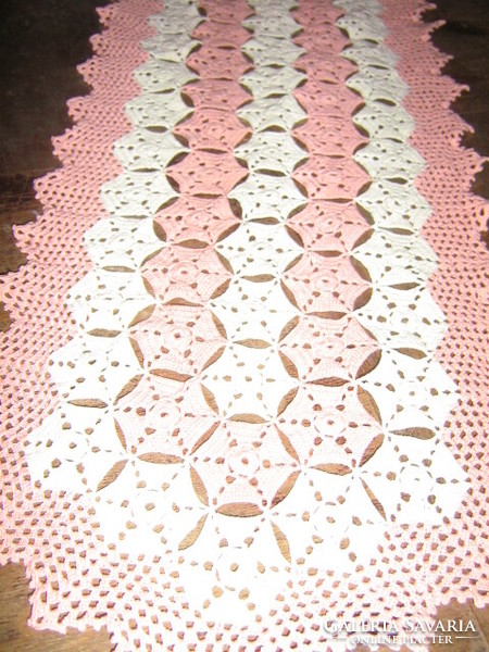 Beautiful white - mauve pink hand crocheted tablecloth