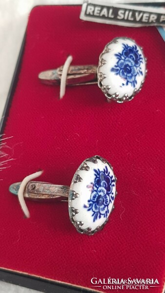 Pair of Dutch silver-plated porcelain cufflinks
