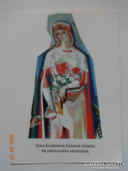 Old graphic religious greeting card, postman (Saint Elizabeth) - drawing by Péter Prokop, 1962