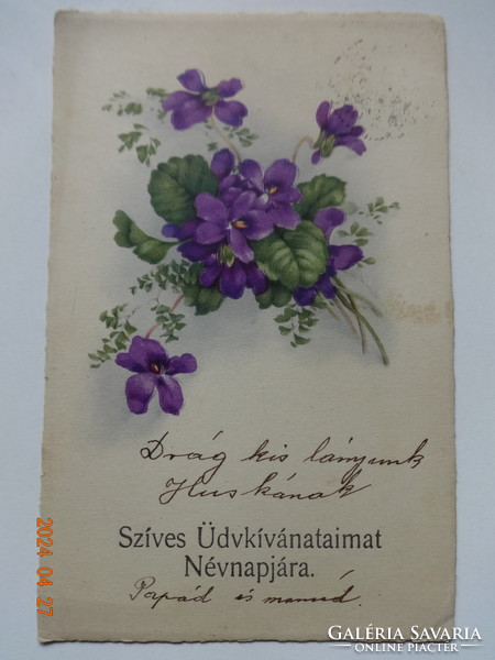 Régi, antik grafikus névnapi üdvözlő képeslap (ibolyacsokor)