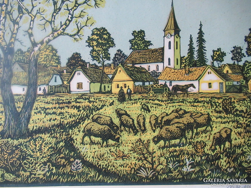 Mátyás Réti (1922-2002): village, colored linocut