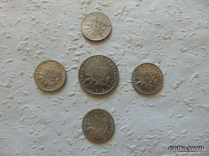 Franciaország ezüst 1 frank + 4 darab ezüst 50 centimes