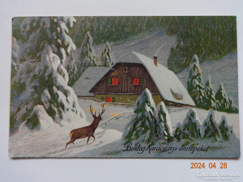 Old graphic Christmas greeting card, snowy landscape, deer