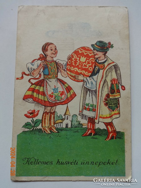 Régi grafikus húsvéti üdvözlő képeslap, népies (1947)