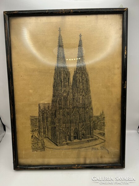 Mátyás templom tus rajz, szignált, 1933-ból,33 x 24 cm-es.0868