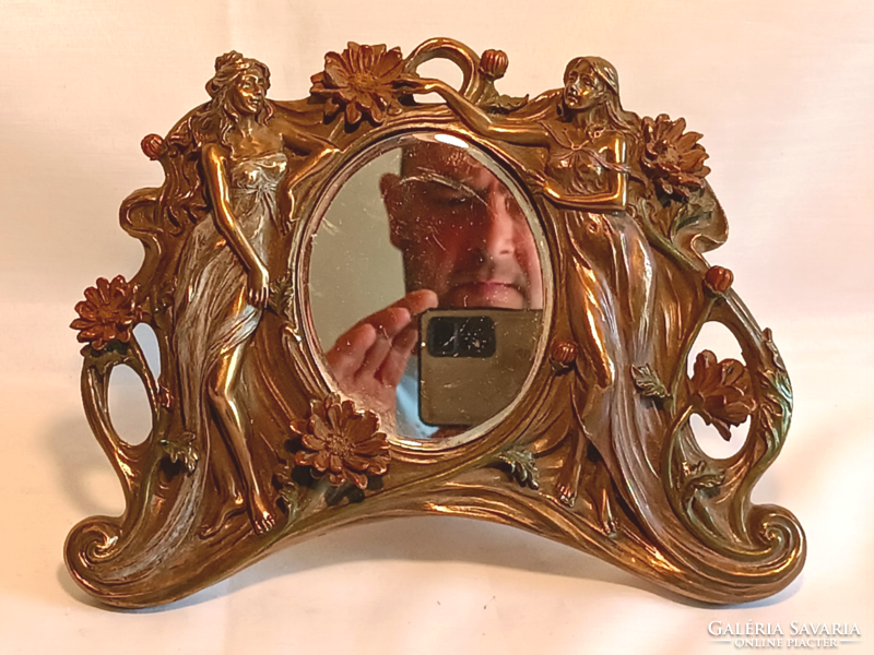 Szecessziós stílusú bronzírozott asztali pipire tükör