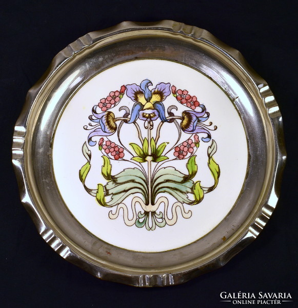 Circa 1900 An antique Art Nouveau majolica inlay metal rimmed serving bowl