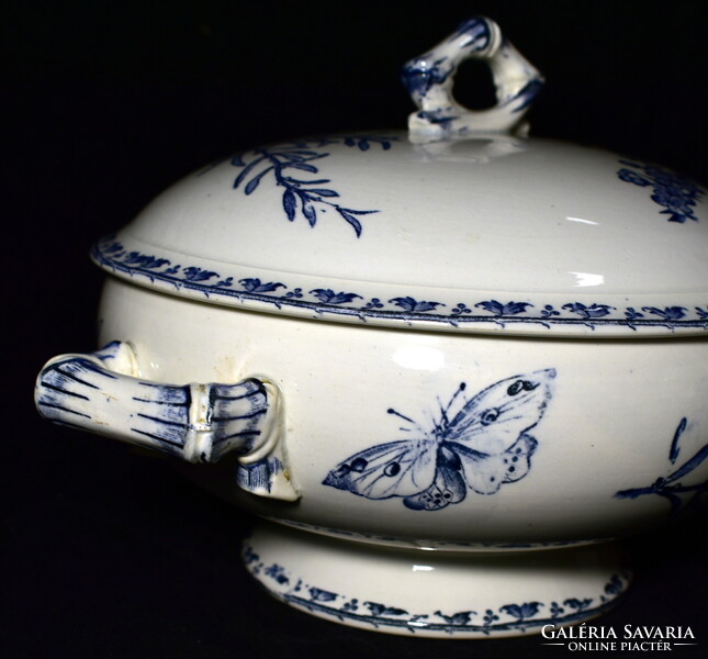 Antique French faience bowl with a floral and insect pattern