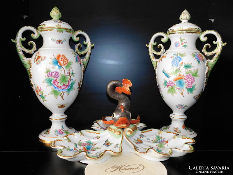 Herend antiques 1942 victorian vase with pair of victorian baroque offering dolphin tongs