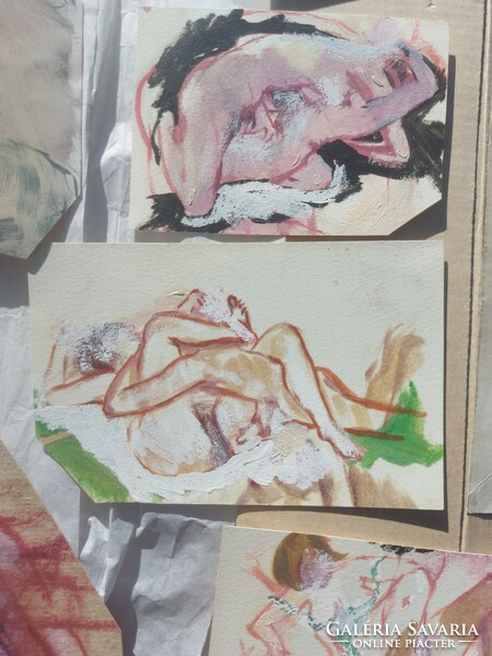 9 Pieces of winning erotic paintings on cardboard, the largest size approx. 28 cm