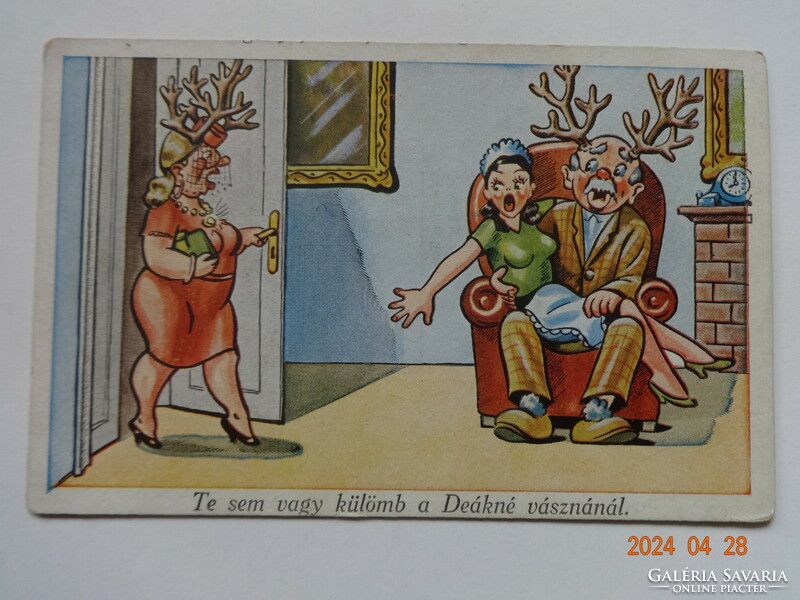 Old graphic humorous postcard, postage stamp: 