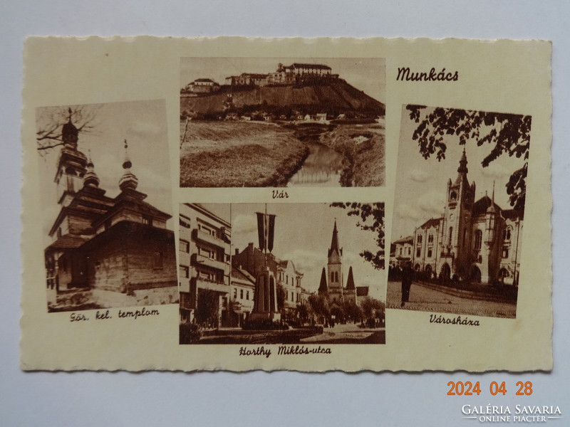 Régi Weinstock képeslap: Munkács, részletek (gör. kel. templom, vár, Horthy Miklós--utca, Városháza)