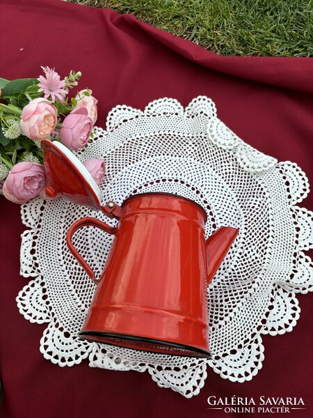 Zománcos zomàncozott Gyönyörű  18 cm magas piros kisebb teáskanna teafőző kávéskanna falusi paraszti
