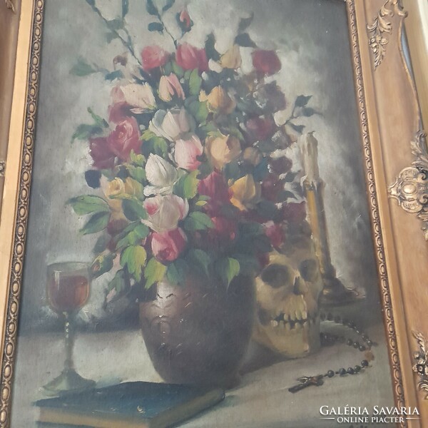 Gyula Soós - in the frame of an oil canvas painting - floral still life skull rosary
