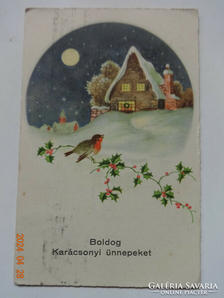 Régi grafikus karácsonyi üdvözlő képeslap, havas házikó, madár (1943)