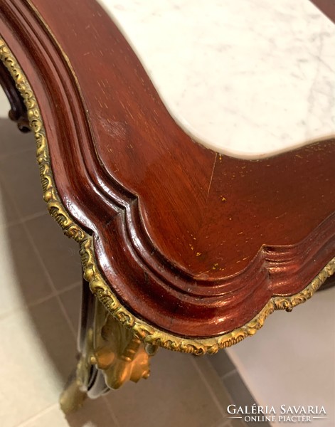 Antik gyönyörű Francia barokk rézveretes, márványlapos konzolasztal  RZ