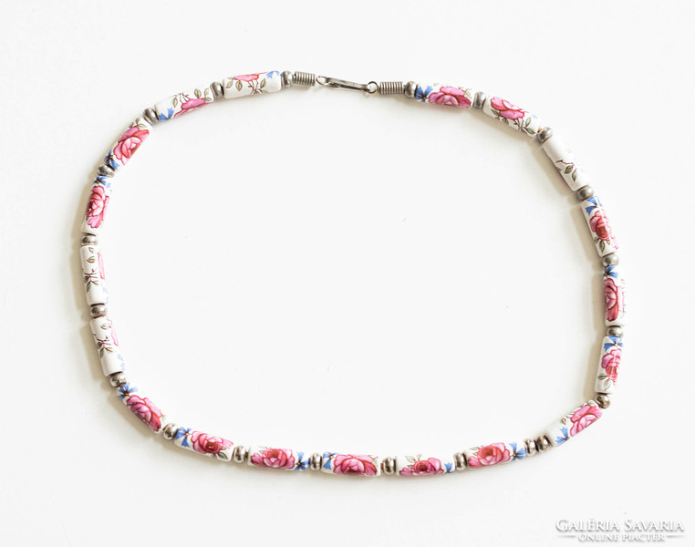 Vintage porcelán / kerámia gyöngyös nyaklánc - nyakék rózsa mintával
