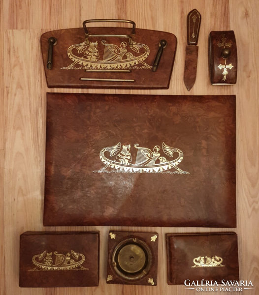 Egyptian desk set (7 pieces, genuine leather and copper)
