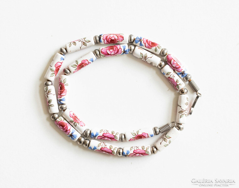 Vintage porcelain / ceramic pearl necklace - neck blue with rose pattern