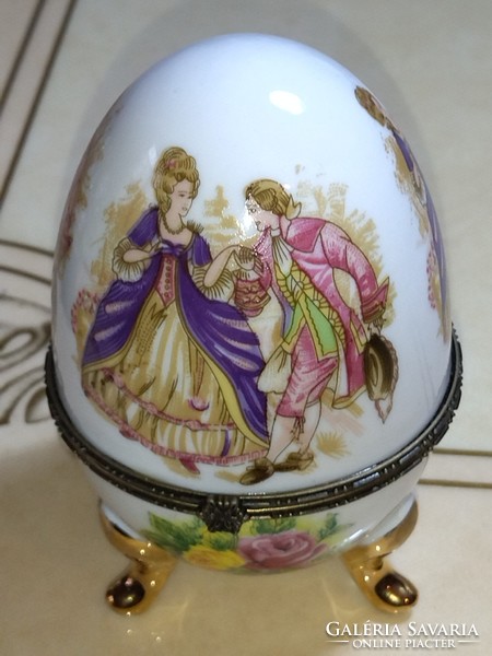 Gyönyörű nagy barokk virág mintás porcelán ékszertartó Szelence tojás alakú