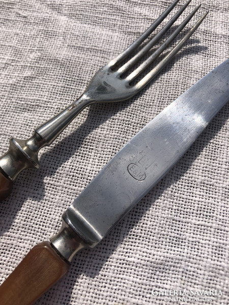 Antique silver-plated butter knife with fork, vinyl handle