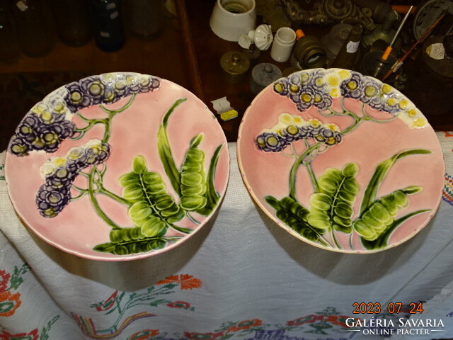 A pair of art nouveau schütz majolica plates with embossed patterns, wall plates, decorative plates