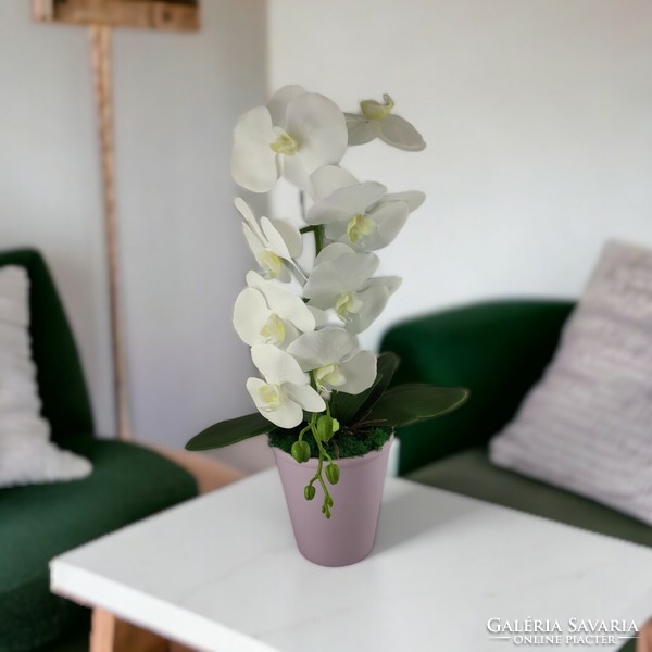 Large lifelike white orchid in a pot or110fh