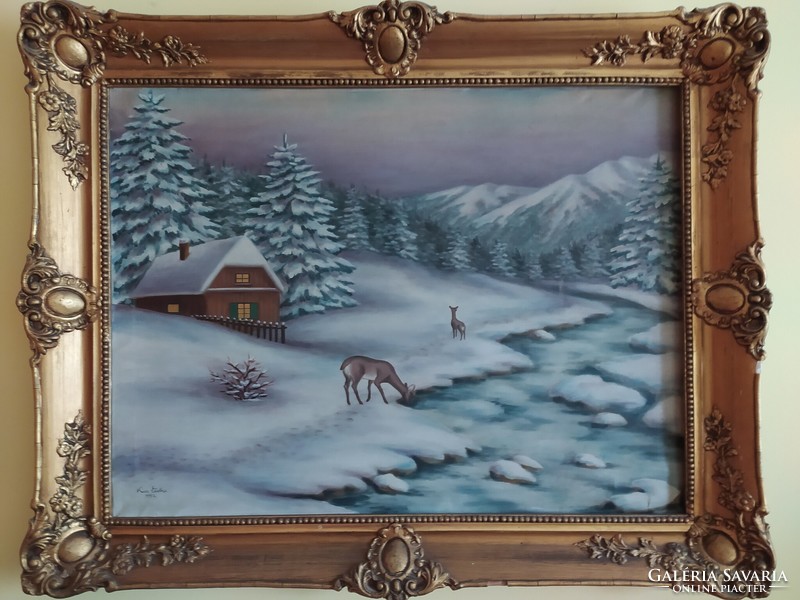 Winter landscape signed oil on canvas painting in original blondel frame 60 x 80 cm