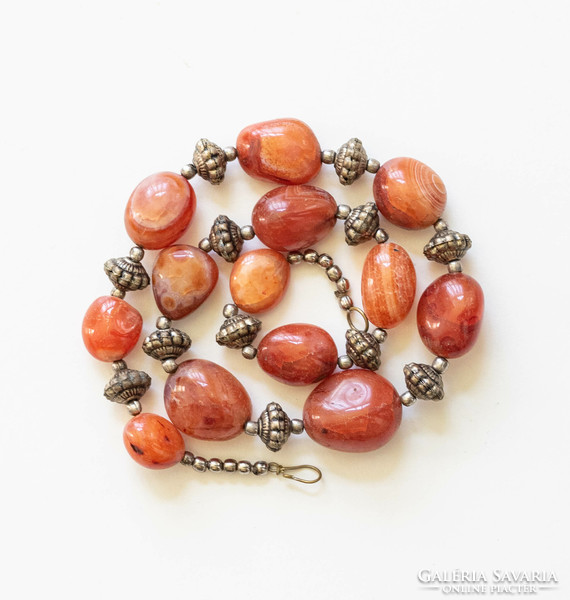 Vintage necklace with banded agate, amber agate grains - mineral semi-precious stone jewelry