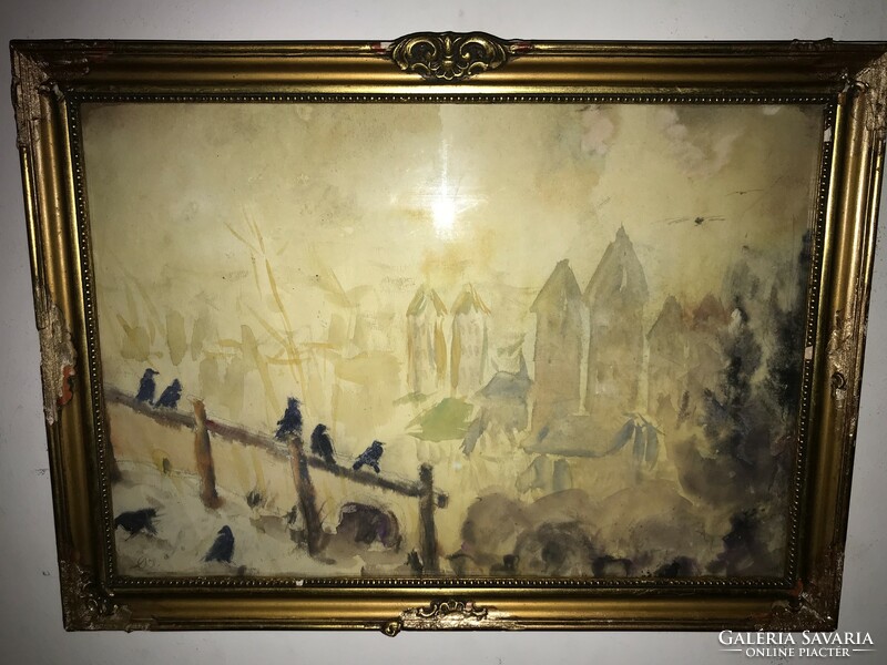 On a misty mountainside. Old painting, in a glazed blonde frame, signed. (Bernát?)