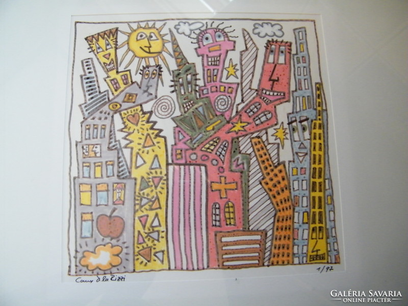 Signed, numbered lithograph in the style of James Rizzi pop art