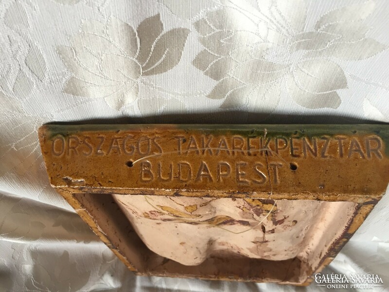 Old, rare, retro otp, National Savings Bank Budapest inscription glazed ceramic wall decoration, mural