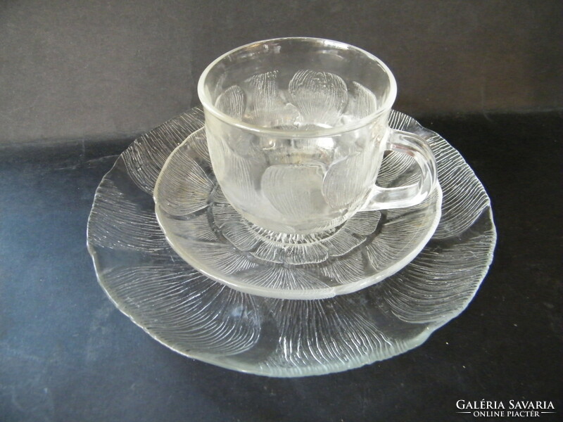 Retró francia Arcoroc átlátszó üveg tea/kávéscsésze, alj, tányér 3 db-os reggeliző készlet