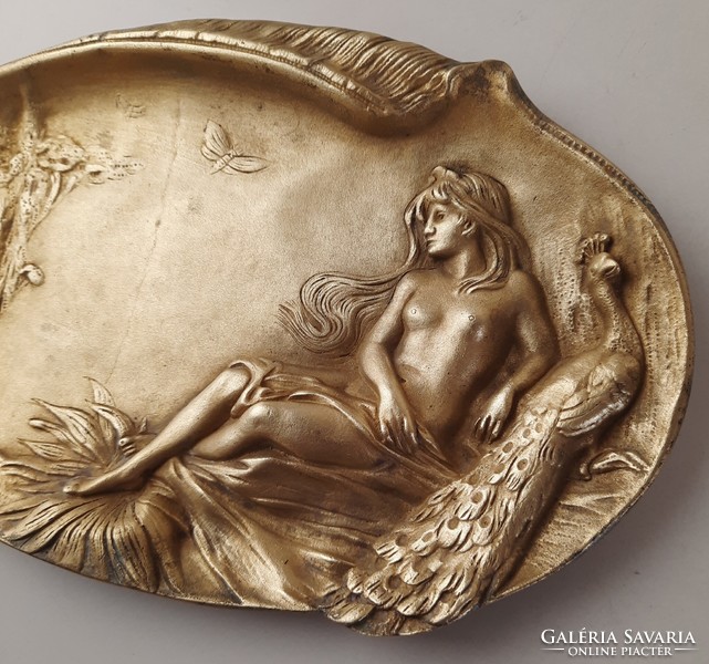 Szecessziós bronz figurális névjegytál, névjegytartó, tál, tálka