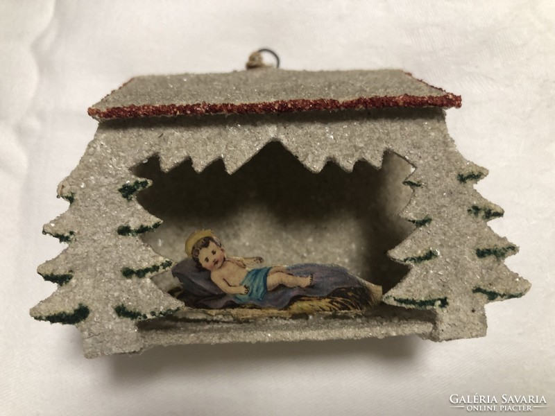 Antique, old Christmas tree decoration, salt paper nativity scene, manger