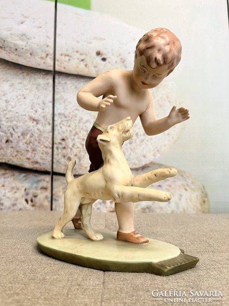 Royal dux biscuit porcelain statue of a boy playing with a dog a76
