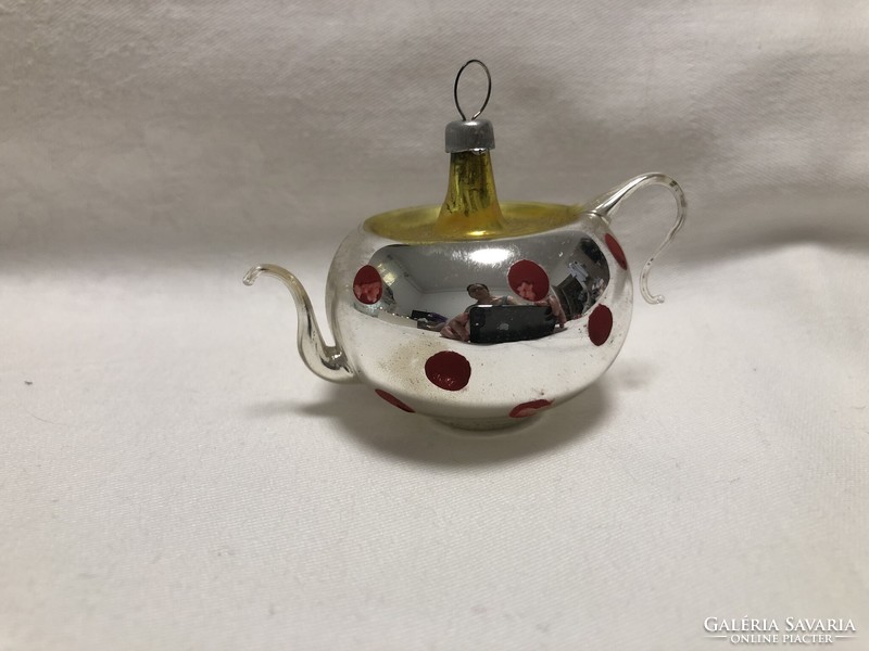 Antique, old Christmas tree decoration, glass teapot with red dots