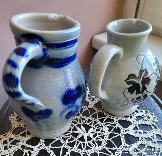 2 Bavarian, salt-glazed, blue-gray wine jugs with inscriptions