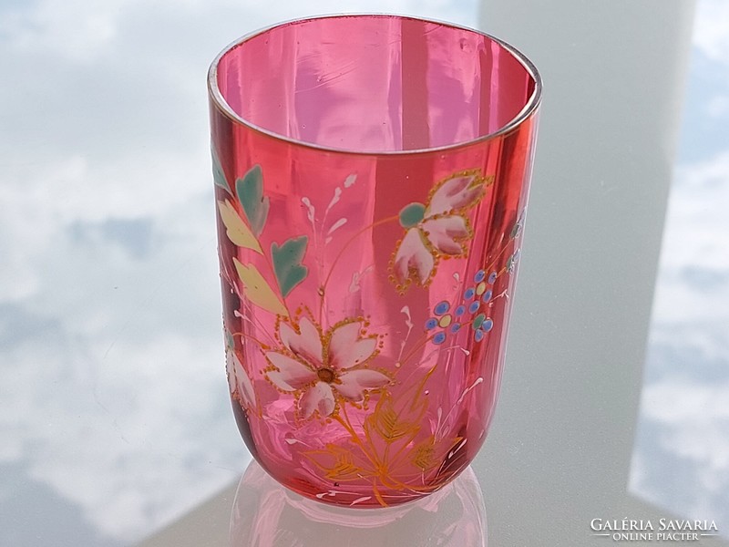 Régi zománcfestett díszpohár mezei virágos pink üveg pohár