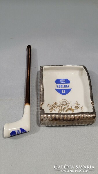 Rare Zsolnay porcelain sippy cup and matching silver-plated ashtray