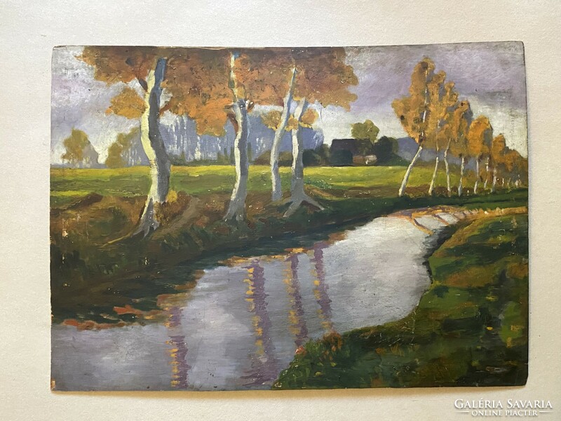 Waterside landscape with houses and birches art nouveau painting 72 x 52 cm