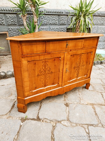 Very rare, antique, previously restored, marquetry, cherry veneer corner chest of drawers