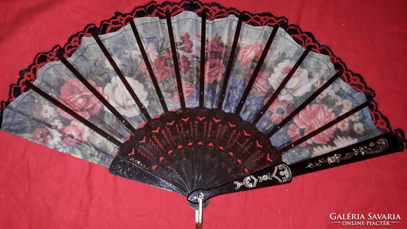 Old silk floral lace hand fan opened 45 x 25 cm as shown in the pictures