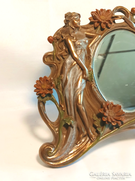 Szecessziós stílusú bronzírozott asztali pipire tükör