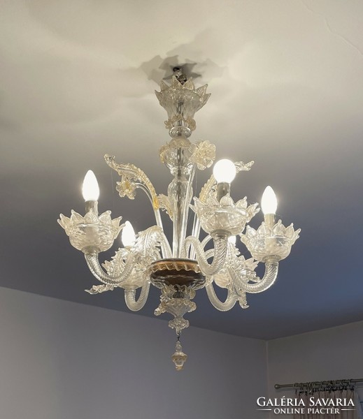 Custom-made 5-arm Murano chandelier decorated with 24-karat gold grains