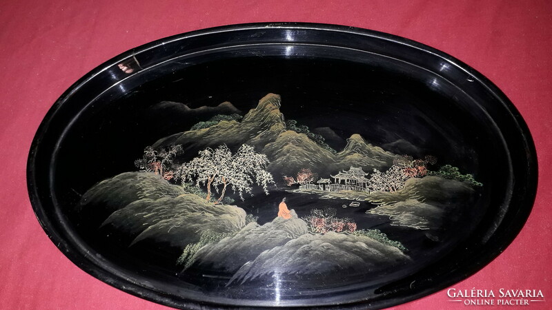 Old oriental hand-painted black scene lacquered wood oval decorative bowl / offering 30 x 18 as shown in pictures