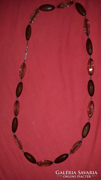 Régi borostyánszínű áttetsző üveggyöngyös női nyaklánc bizsu divatékszer 76 cm körbe a képek szerint