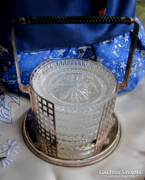 Vintage 4+2 glass coasters in a silver-plated holder